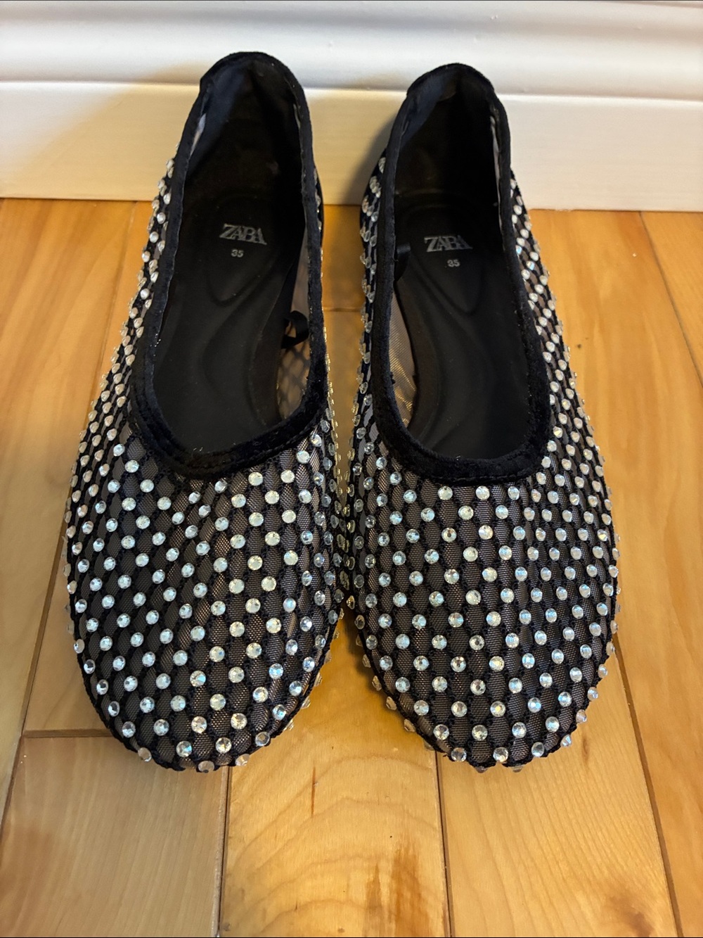 ZARA Black Mesh Flats with Silver Crystal Studs